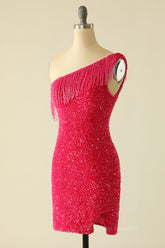 Prom Dresses Shops, Tassels One Shoulder Hot Pink Sequin Mini Dress